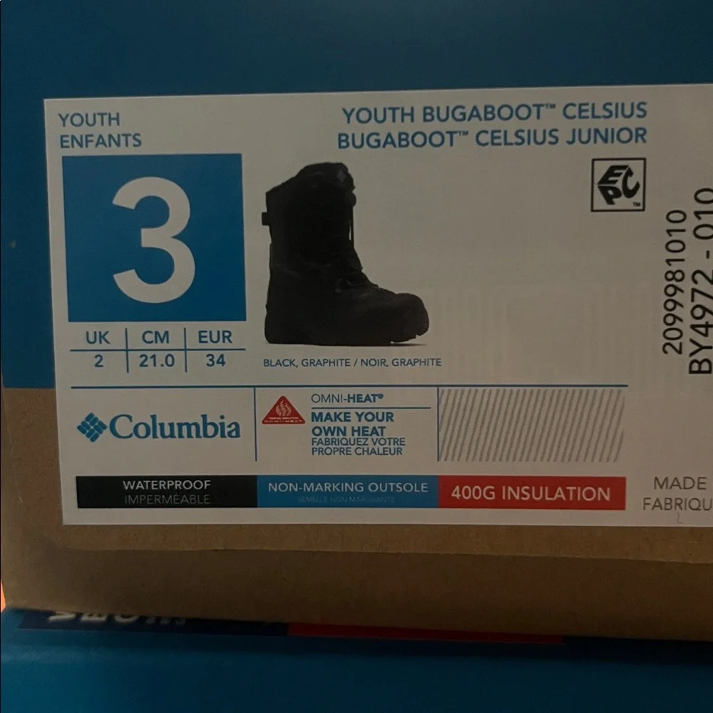 NWT Columbia Youth Bugaboot Celsius Insulated Waterproof Snow Boot, Blk/Graphite